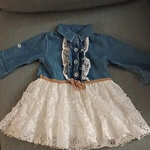 Little Lass Blue Denim Jacket with White Lace Skirt